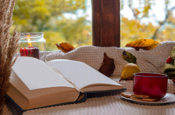 istock Open book with empty pages and red cup with autumn leaves by the window glass 1023146312