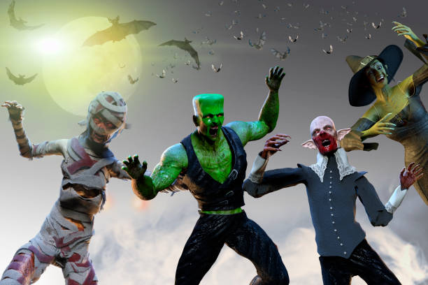 istock 3D Illustration of a monsters on Halloween background witch, mummy, vampire 1023152988