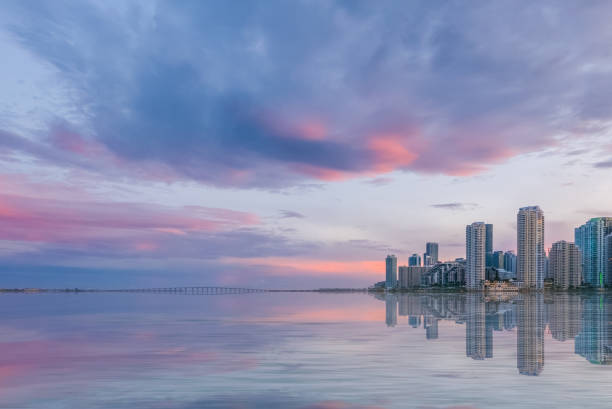 Miami at sunset, evening sky over the business city of USA stock photo