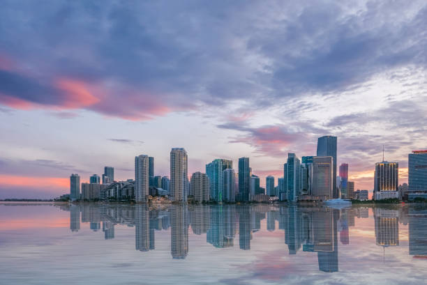 Beautiful skyline of Miami at sunset, business capital in Florida stock photo