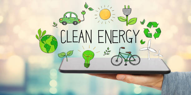 Clean Energy with man holding a tablet Clean Energy with man holding a tablet computer Benefits of eco vehicles in eco-tourism stock pictures, royalty-free photos & images