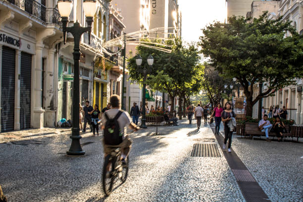 велосипедист и пешеходы гуляют по цветочной улице в куритибе - city street street walking tree стоковые фото и изображения