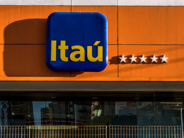 Detail of the facade with the logo of an agency of Itau Bank, in the south zone of Sao Paulo stock photo