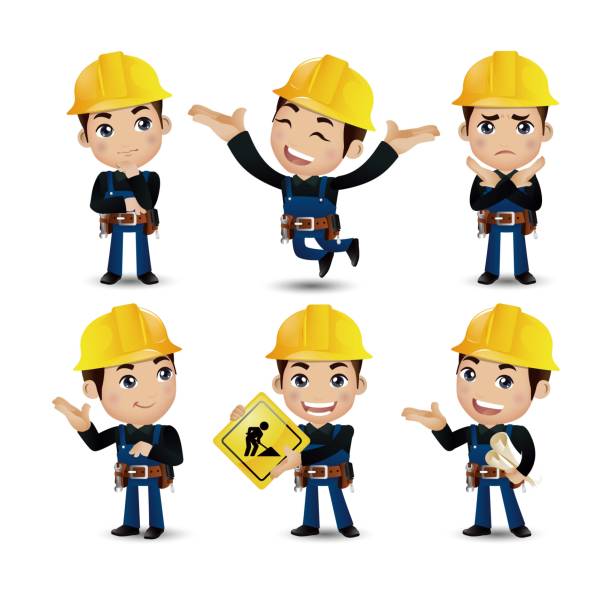 ilustrações de stock, clip art, desenhos animados e ícones de profession - builder. worker. engineer with different poses - manual worker portrait helmet technology