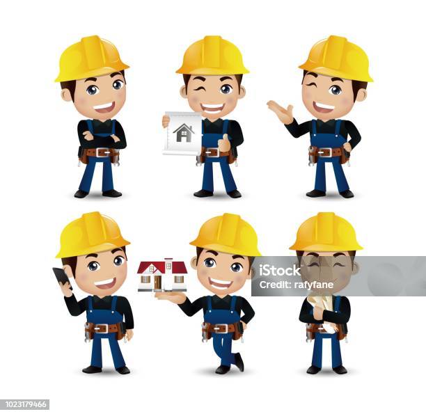 Profession Builder Worker Engineer With Different Poses Stock Illustration - Download Image Now