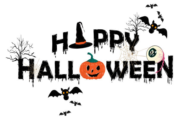 istock Happy halloween horrow typo with moon,bats,trees,pumpkin,eyes,hats Vector illustration . 1023189482
