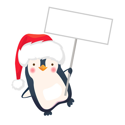 Cute Christmas penguin with Santa hat holding Christmas sign. Penguin cartoon vector illustration.