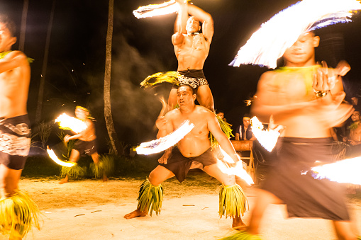 Lefaga, Matautu, Samoa - August 1, 2018: Fiafia show with fire dancers at Return to Paradise resort on Upolu Island