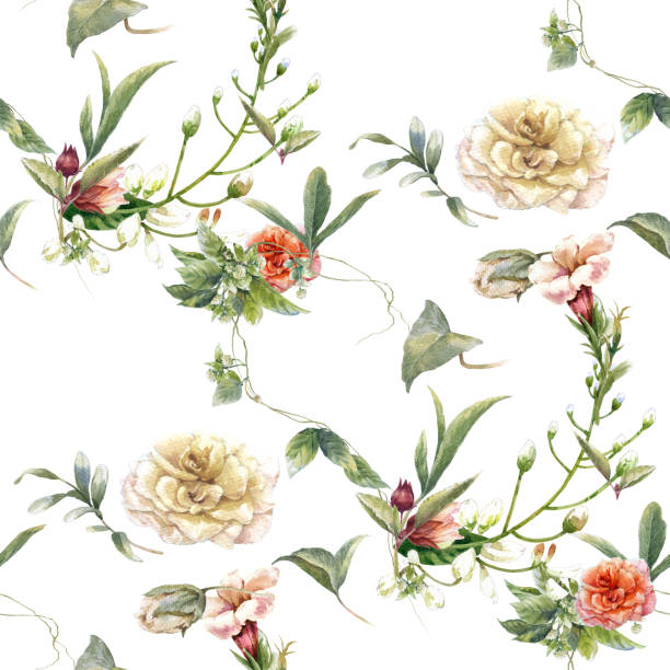istock Watercolor painting of leaf and flowers, seamless pattern on white background 1023221074