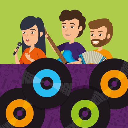 people playing instruments with vinyl disks vector illustration design