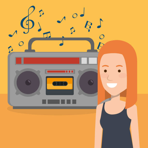illustrations, cliparts, dessins animés et icônes de femme avec lecteur de musique radio - woman taking radio vintage