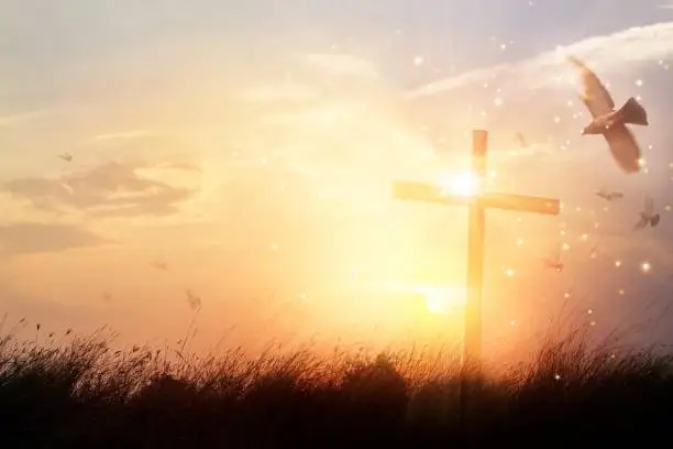 Photo of Silhouette christian cross on grass at sunrise background with miracle bright lighting, religion and worship concept