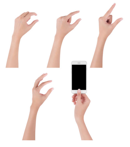 istock Woman hands holding smart phone with blank screen display and collection of different touch and pinch fingers for zooming something, digital and communication concept, Isolated on white background. 1023232732