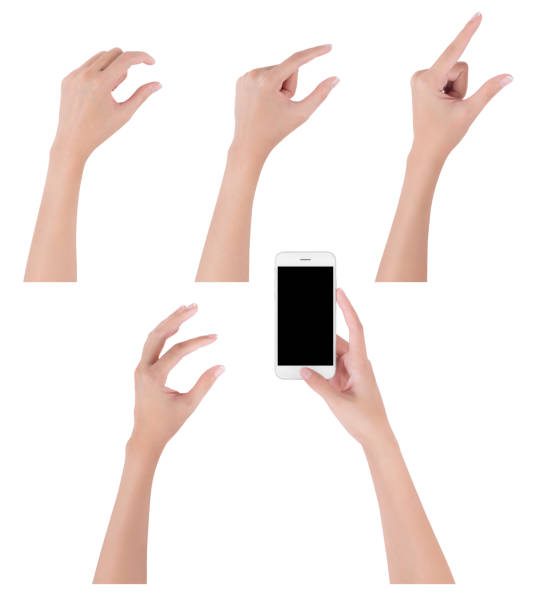 istock Woman hands holding smart phone with blank screen display and collection of different touch and pinch fingers for zooming something, digital and communication concept, Isolated on white background. 1023232736