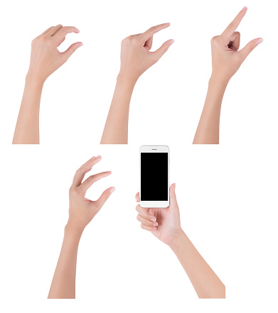 Manos de mujer sosteniendo un teléfono inteligente con pantalla en blanco y colección de diferentes tocar y pellizcar los dedos de zoom algo, digital y comunicación concepto, aislado sobre fondo blanco. photo