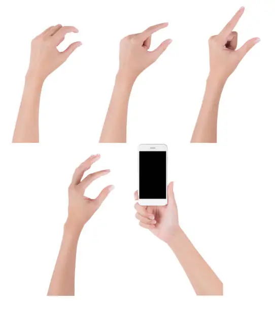 Woman hands holding smart phone with blank screen display and collection of different touch and pinch fingers for zooming something, digital and communication concept, Isolated on white background.