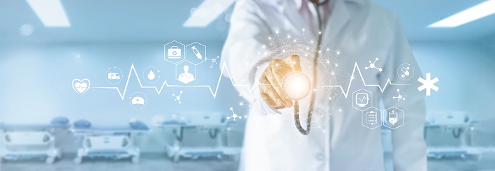 Medicine doctor with stethoscope in hand touching medical network icon and global connection on modern virtual screen interface, medical technology network concept
