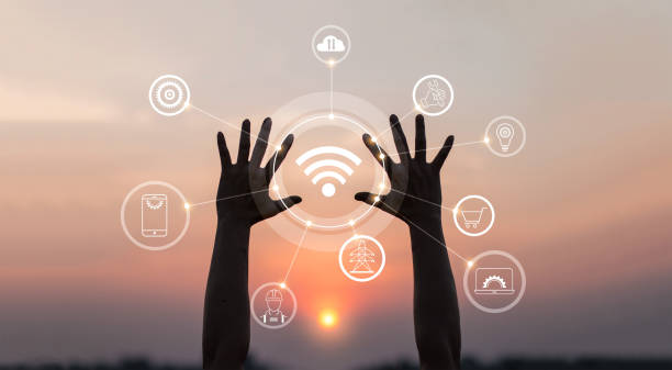 istock Hands with innovative icon and development of telecommunication, network connection in global communication networking on sunset background. 1023248158