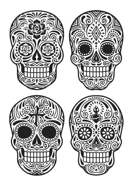 Jour de la mort Skull Vector Illustration en noir et blanc - Illustration vectorielle