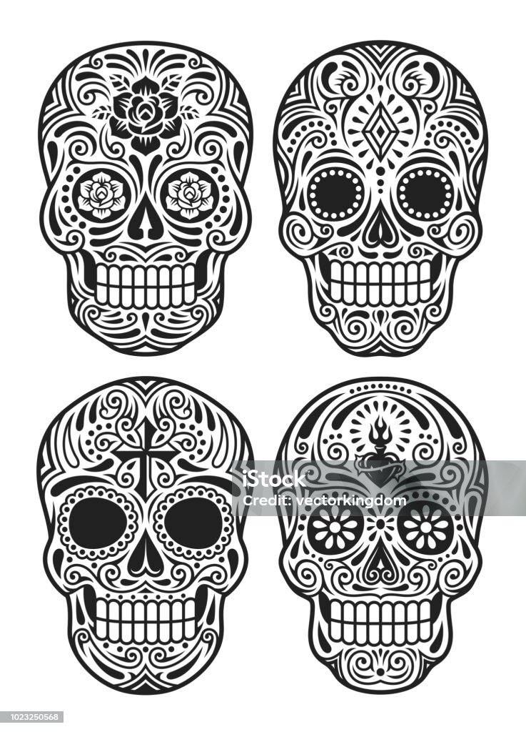 Day Of The Dead Skull Vector Illustration Set In Black And White fully editable vector illustration of day of the dead skull in black and white, image suitable for tattoo, tribal, design element, emblem or graphic t-shirt Day Of The Dead stock vector
