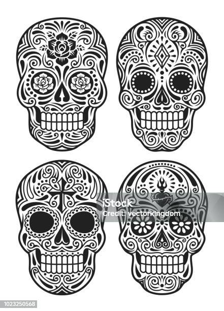 Day Of The Dead Skull Vector Illustration Set In Black And White Stock Illustration - Download Image Now