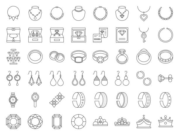 diamanten, edelsteine und schmuck verwandte, dünne linie symbolsatz - ring schmuck stock-grafiken, -clipart, -cartoons und -symbole