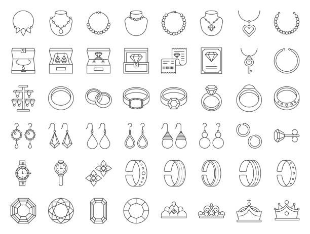 ilustraciones, imágenes clip art, dibujos animados e iconos de stock de conjunto de icono de línea fina, relacionados con diamantes, piedras preciosas y joyas - anillo joya