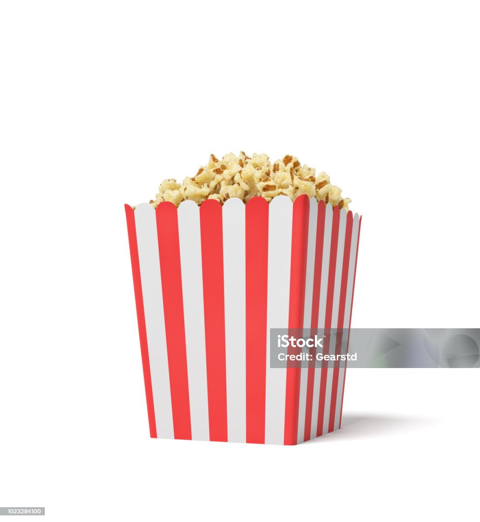 3D-Rendering aus einem quadratischen gestreiften Popcorn-Eimer gefüllt mit diesen Snack über den Rand auf weißem Hintergrund - Lizenzfrei Popcorn Stock-Foto