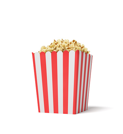 3d rendering of a square striped popcorn bucket filled with this snack over the brim on a white background. Popcorn in bucket or tub. Tasty snack. Movie night.