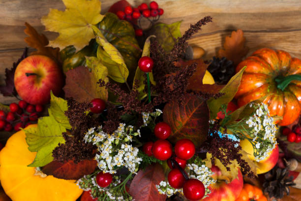 istock Pumpkins, apple, yellow fall leaves, top view 1023284176