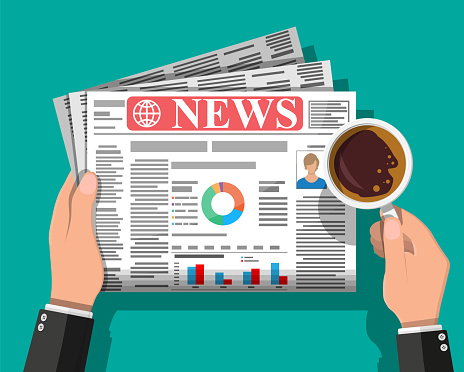 Businessman with coffee reading daily newspaper. News journal design. Pages with various headlines, images, quotes, text and articles. Media, journalism and press. Vector illustration in flat style.
