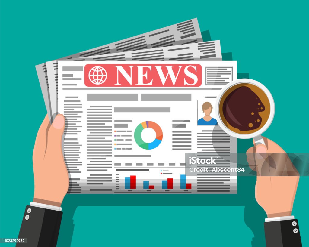 Daily newspaper in hands Businessman with coffee reading daily newspaper. News journal design. Pages with various headlines, images, quotes, text and articles. Media, journalism and press. Vector illustration in flat style. Newspaper stock vector