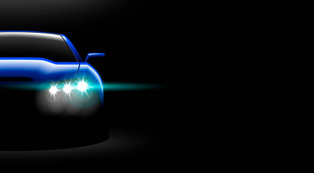 realistic blue sport car view with unlocked headlights in the dark vector art illustration