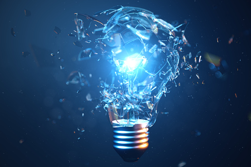3D Illustration Exploding light bulb on a blue background, with concept creative thinking and innovative solutions