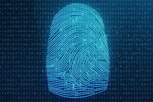 3D illustration Fingerprint scan provides security access with biometrics identification. Concept Fingerprint protection. Finger print with binary code. Concept of digital security.