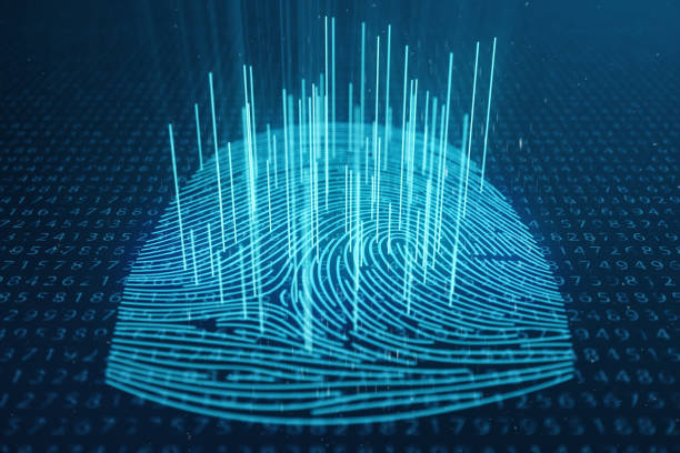 istock 3D illustration Fingerprint scan provides security access with biometrics identification. Concept Fingerprint protection. Finger print with binary code. Concept of digital security 1023310818