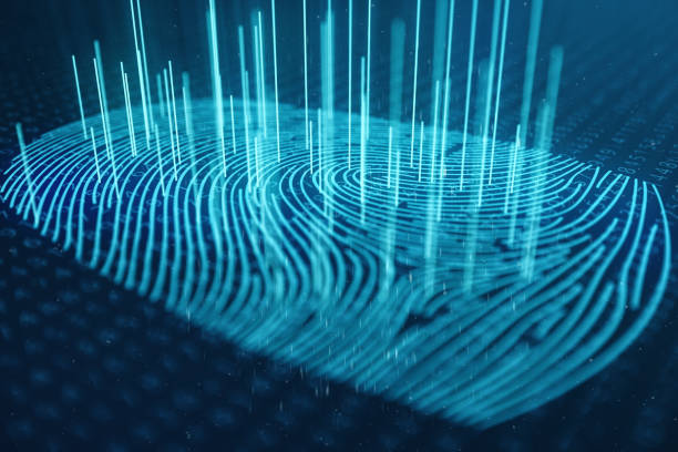 3d-иллюстрация сканирования отпечатков пальцев обеспечивает доступ к безопасности с биометрической идентификацией. концепт-защита отпеча� - fingerprint security system technology forensic science стоковые фото и изображения