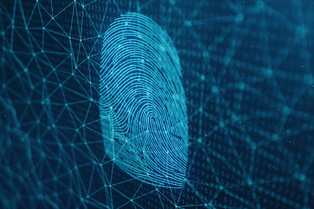 istock 3D illustration Fingerprint scan provides security access with biometrics identification. Concept Fingerprint protection. Finger print with binary code. Concept of digital security 1023310844