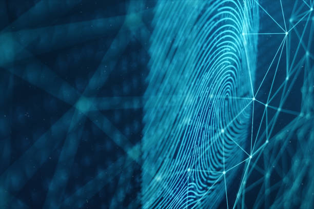 3 d イラストレーション指紋スキャンは、バイオメトリクスとセキュリティ アクセスを提供します。コンセプト指紋で保護。指をバイナリ コードを印刷。デジタル ・ セキュリティの概念 - fingerprint security system technology forensic science ストックフォトと画像
