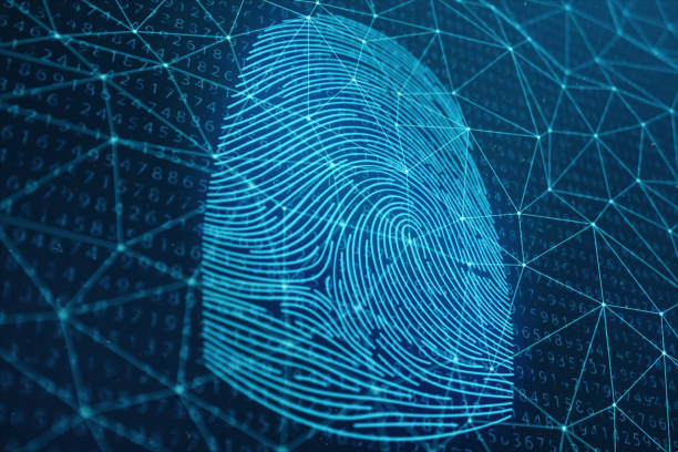 istock 3D illustration Fingerprint scan provides security access with biometrics identification. Concept Fingerprint protection. Finger print with binary code. Concept of digital security 1023310850