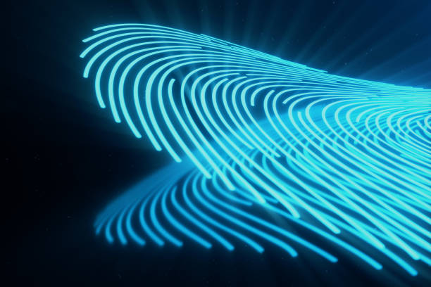 istock 3D illustration Fingerprint scan provides security access with biometrics identification. Concept Fingerprint protection.Curved fingerprint. Concept of digital security 1023310858