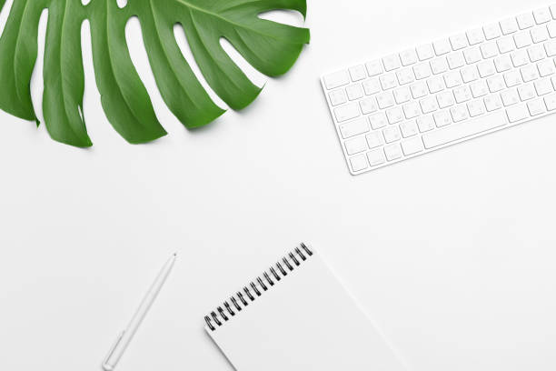 istock workspace with keyboard, palm leaf and accessories. Flat lay, top view copy space 1023311400
