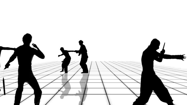 Martial arts people silhouettes moving towards the camera of a black and white grid. Seamlessly loopable animation