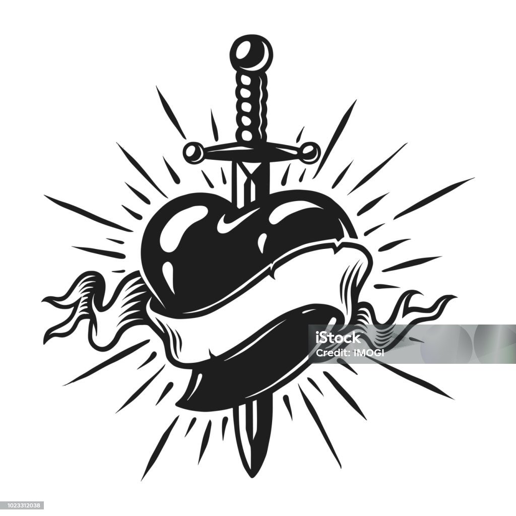 Vintage dagger in heart concept Vintage dagger in heart concept with ribbon and sunburst in monochrome style isolated vector illustration Tattoo stock vector