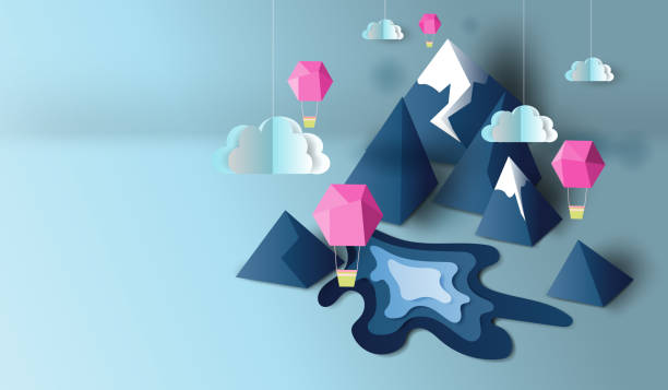 istock mountain view scene of cloud, pond and balloon pink on 3d paper art and craft,vector 1023325268