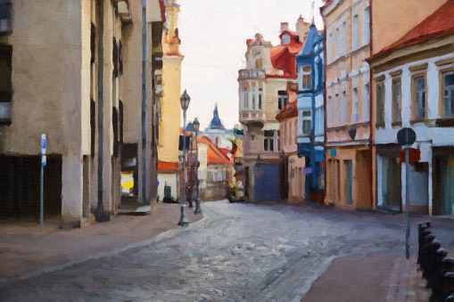 Painting on canvas of empty main tourist street in capital of Lithuania - Vilnius