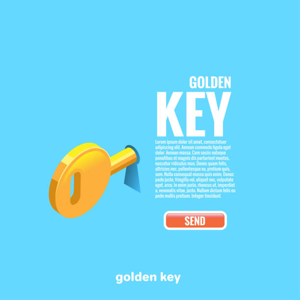 Golden Key The golden key sticks out in the keyhole and the text with the button, isometric image key lock stock illustrations