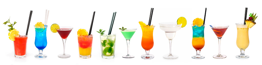 Large group of over 10 cocktails isolated on white background - Bloody Mary, Blue Lagoon, Cosmopolitan, Tequila Sunrise, Mojito, Grasshopper, Sex on the beach, Margarita, Rainbow, Rob Roy, Pina Colada.