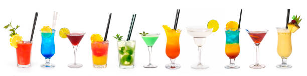 Cocktail collection Large group of over 10 cocktails isolated on white background - Bloody Mary, Blue Lagoon, Cosmopolitan, Tequila Sunrise, Mojito, Grasshopper, Sex on the beach, Margarita, Rainbow, Rob Roy, Pina Colada. grasshopper photos stock pictures, royalty-free photos & images