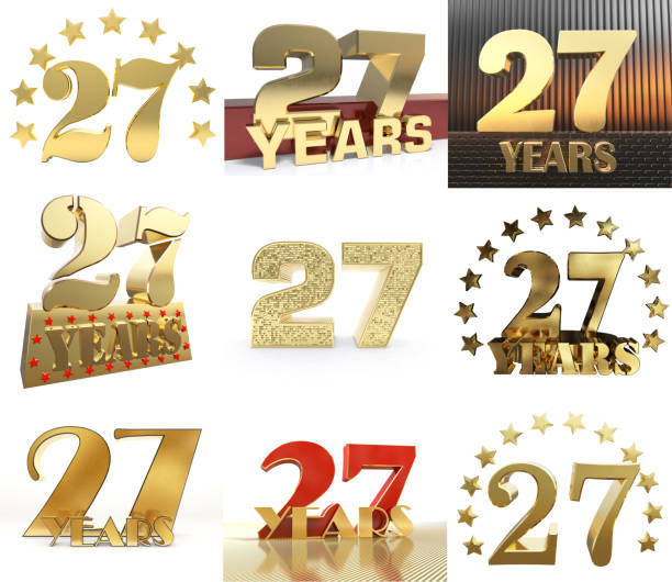 Set of number twenty seven year (27 year) celebration design. Anniversary golden number template elements for your birthday party. 3D illustration Set of number twenty seven year (27 year) celebration design. Anniversary golden number template elements for your birthday party. 3D illustration. number 27 stock pictures, royalty-free photos & images